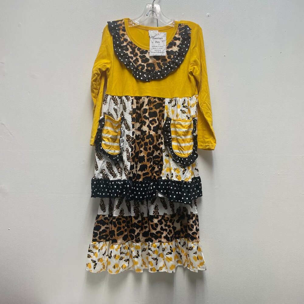 Girls yellow and leopard print pant set that combines bold color with trendy ani